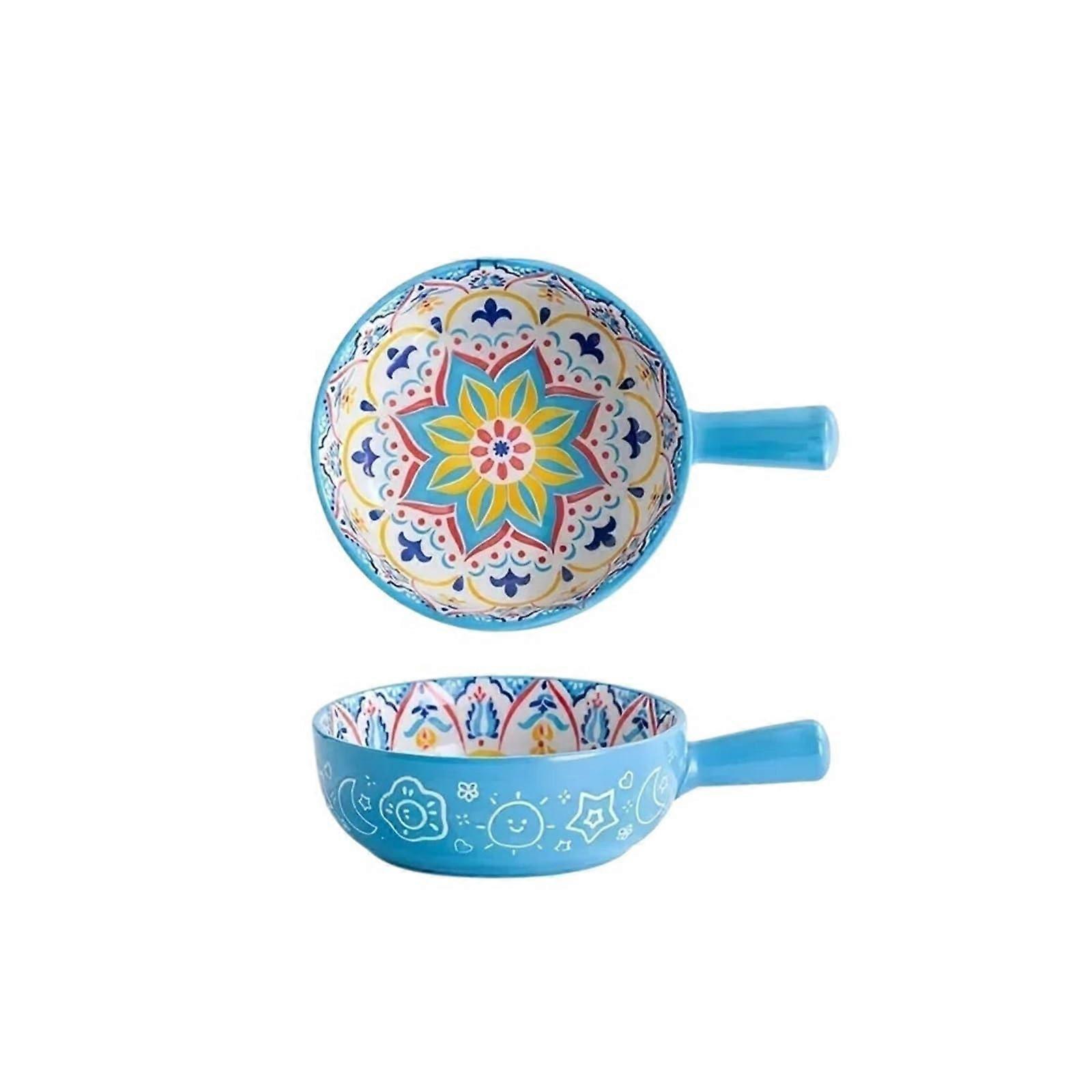 Bohemian Hand Painted Ceramic Salad Bowl with Handle Microwave and Oven Safe 1pc