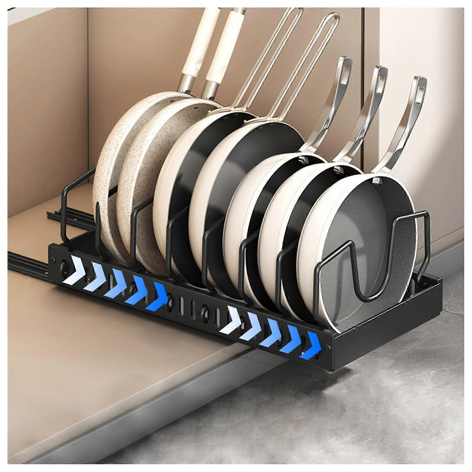 Pot and Pan Organizer with Smooth Sliding Rails, Pull Out Cabinet Rack, 8 Adjustable Dividers, Black