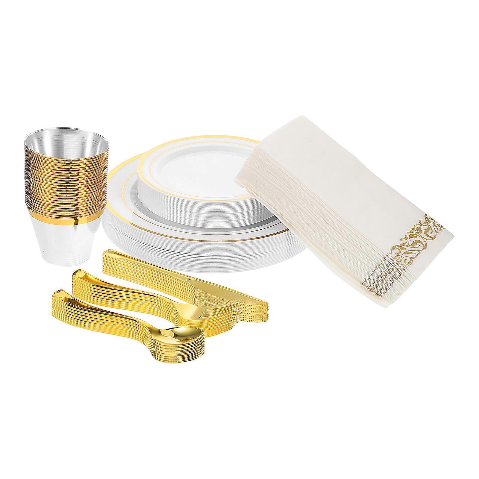 Plastic Gold Plates Cutlery Set for Party Use Complete 25Sets