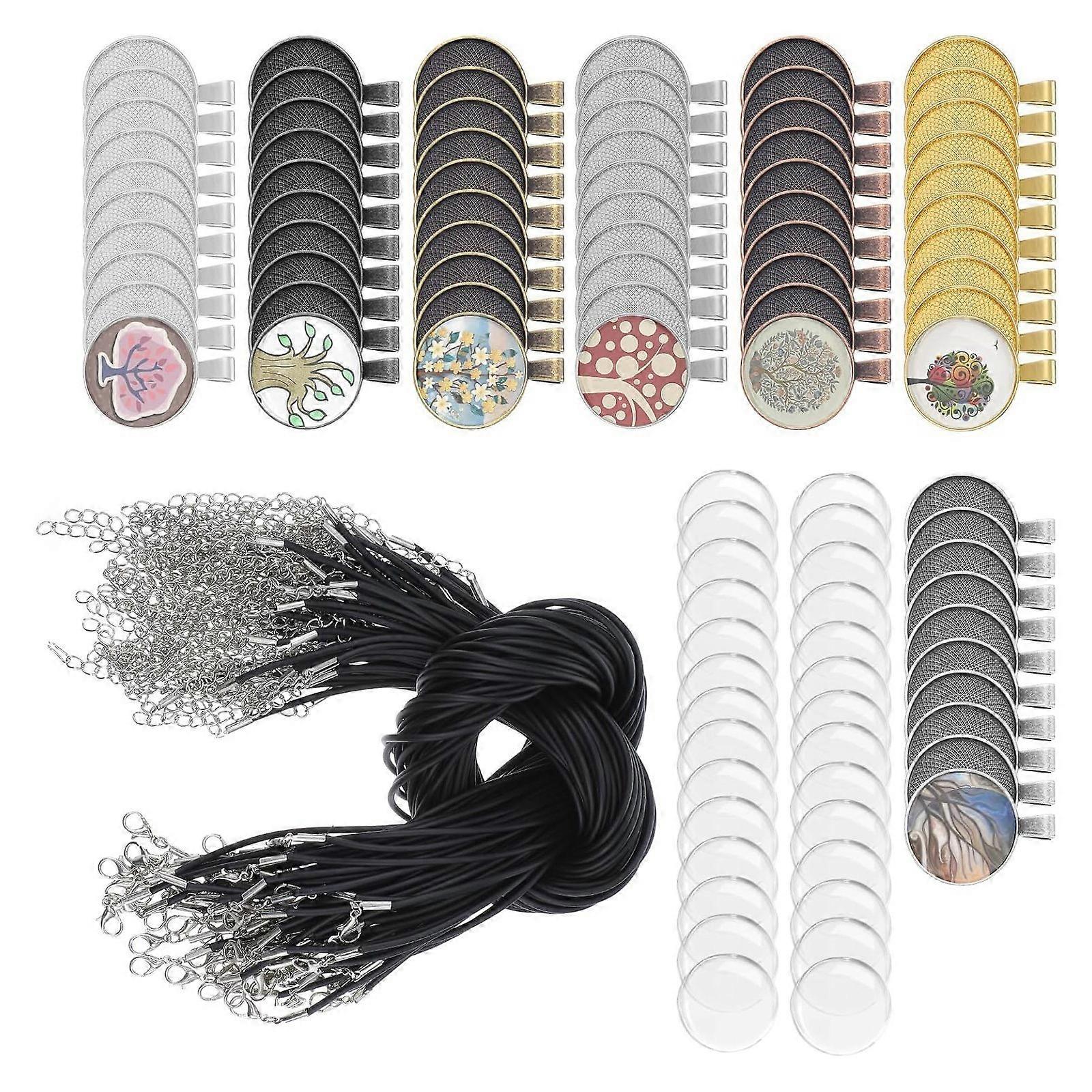 70Pcs Round Metal Pendant Tray with 70 Glass Charm 70 Hanging String for Professional and Hobby Crafting Activities Multicolor