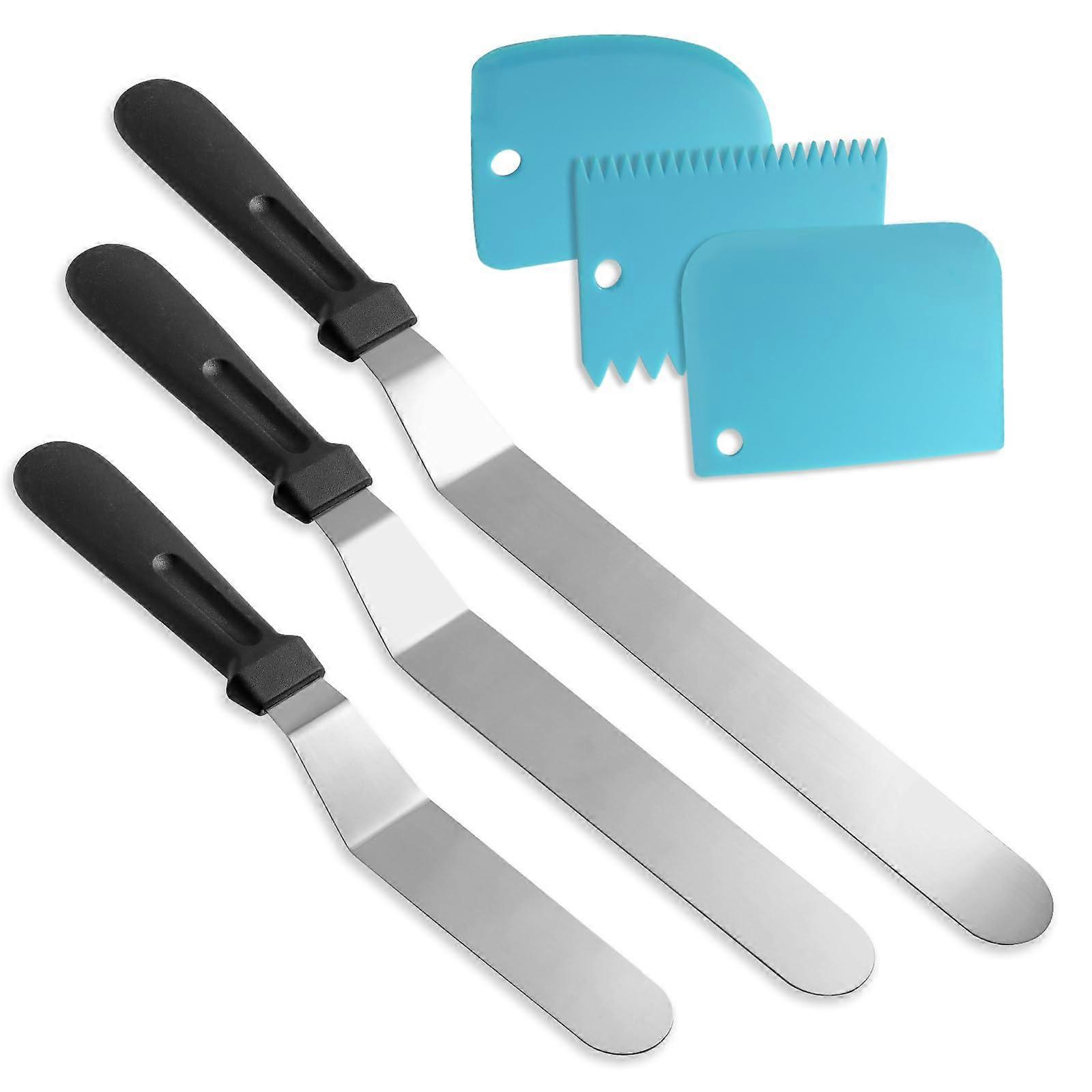 Cake Decorating Spatula Set with 3 Blue Scrapers, Stainless Steel Offset Icing Tools for Baking