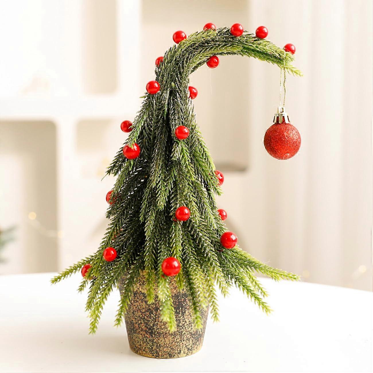 Mini Christmas Tree with Whimsical Leaning Design and Ornaments for Desk or Table Holiday Décor
