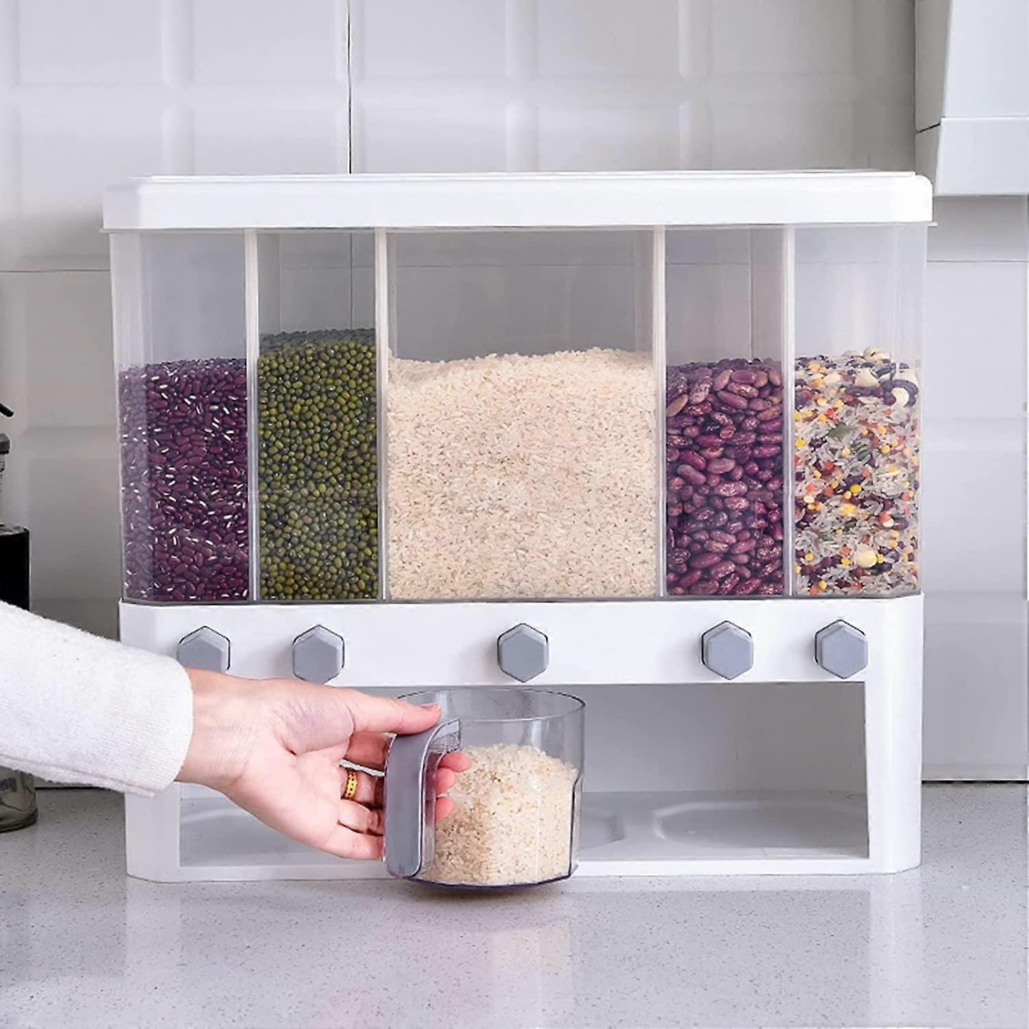 5 Grid Rice Dispenser with Lid, Large Capacity Clear Grain Storage Container for Rice, Beans, Candy – Yellow