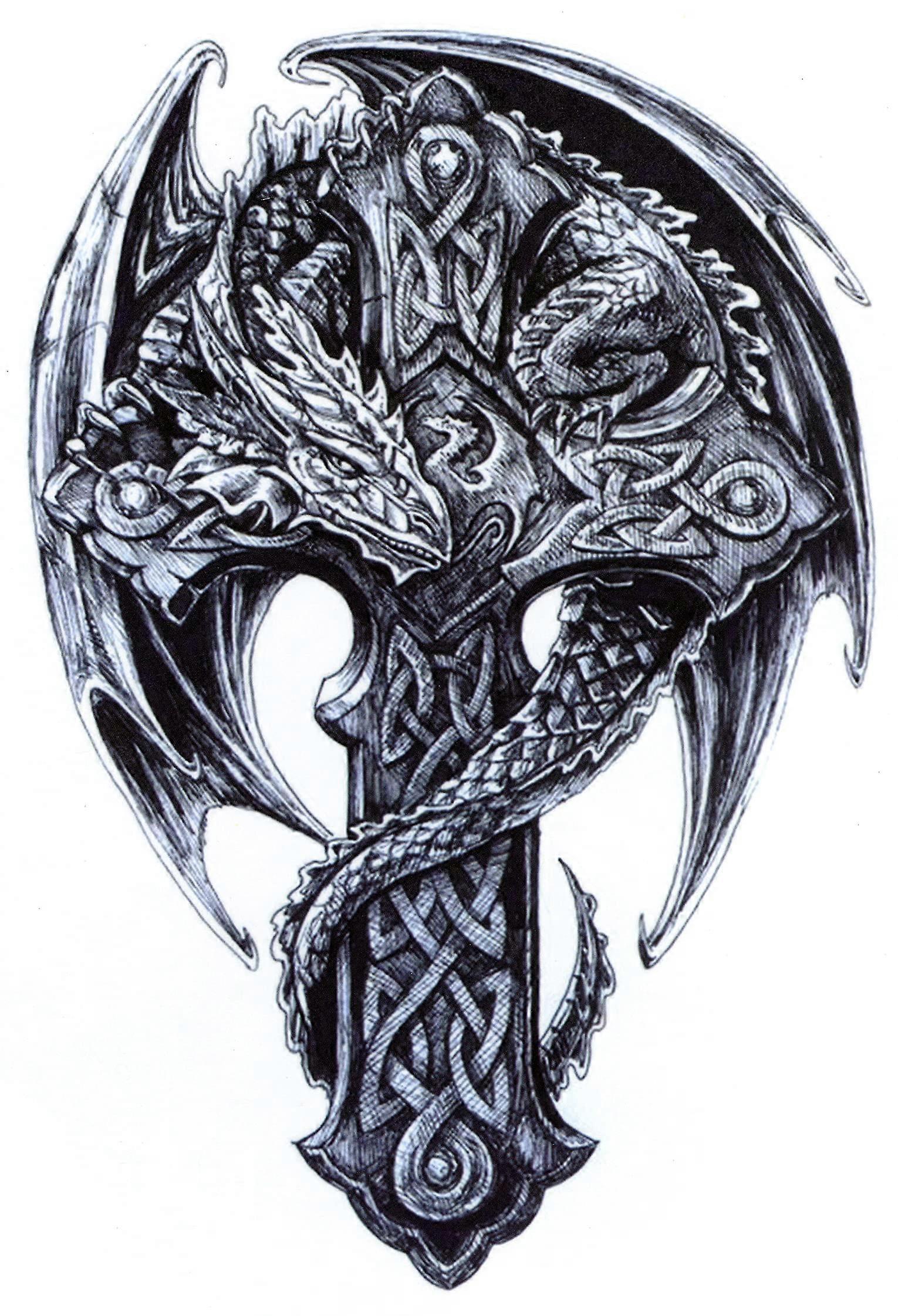 Large Celtic Cross Dragon Waterproof Temporary Tattoos, Realistic Long Lasting 2 Sheets 7 Inch