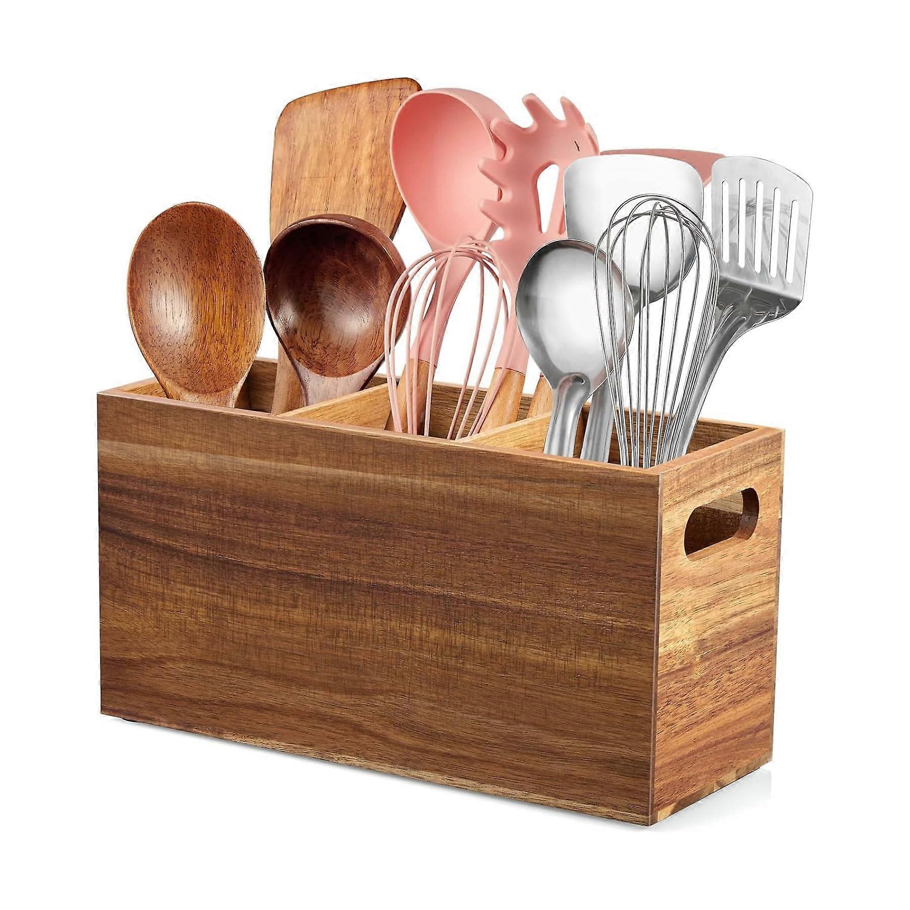 Wooden Kitchen Utensil Organizer with Compartments, Rustic MultiPurpose Storage Box 30x12x15.7cm