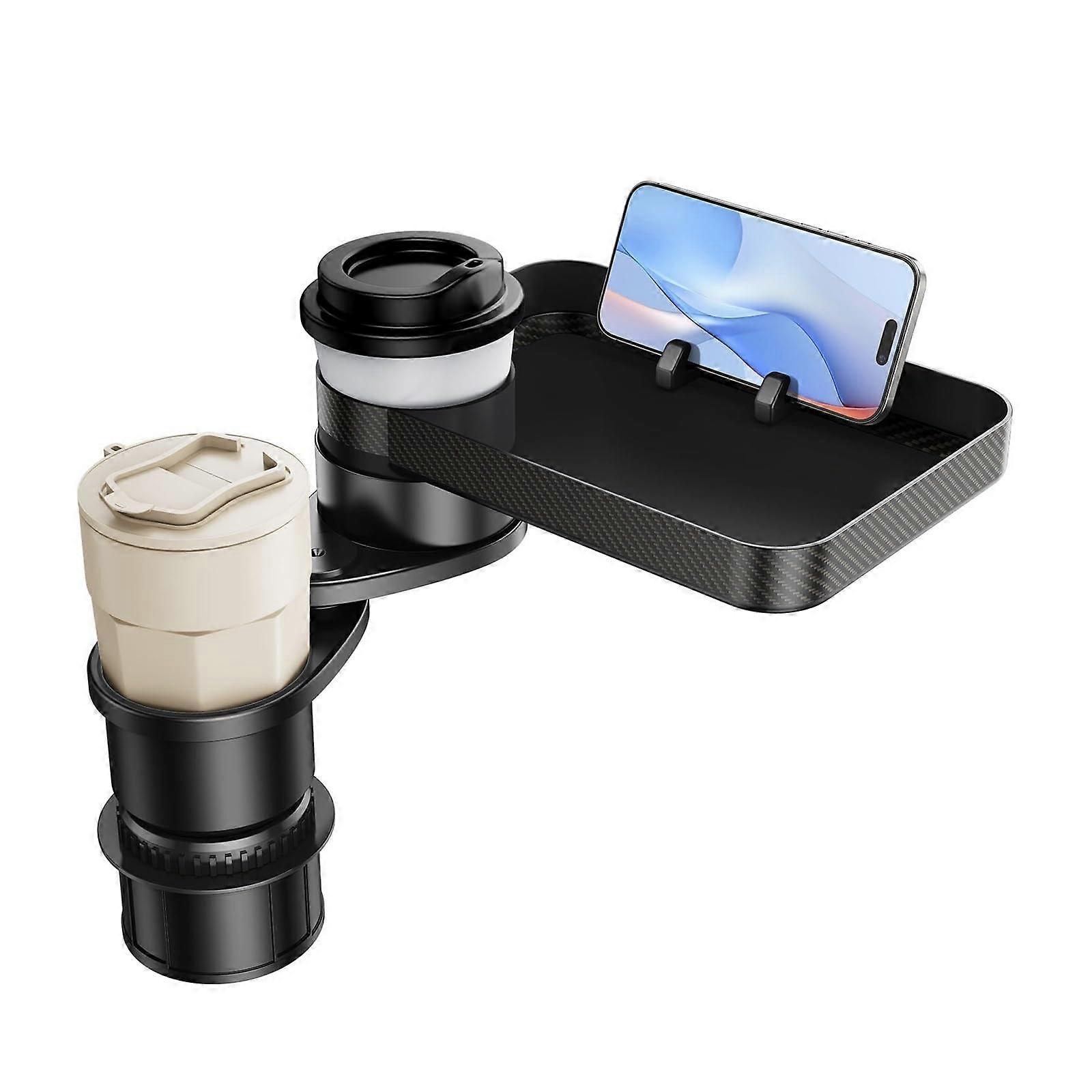 Car Cup Holder Tray with Phone Mount, 3in1 Rotatable Snack Table, Adjustable Base, Universal Fit