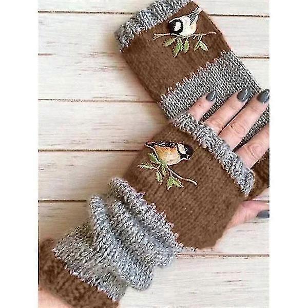 New Embroidered Bird Gloves Wool Knitted Fingerless Gloves