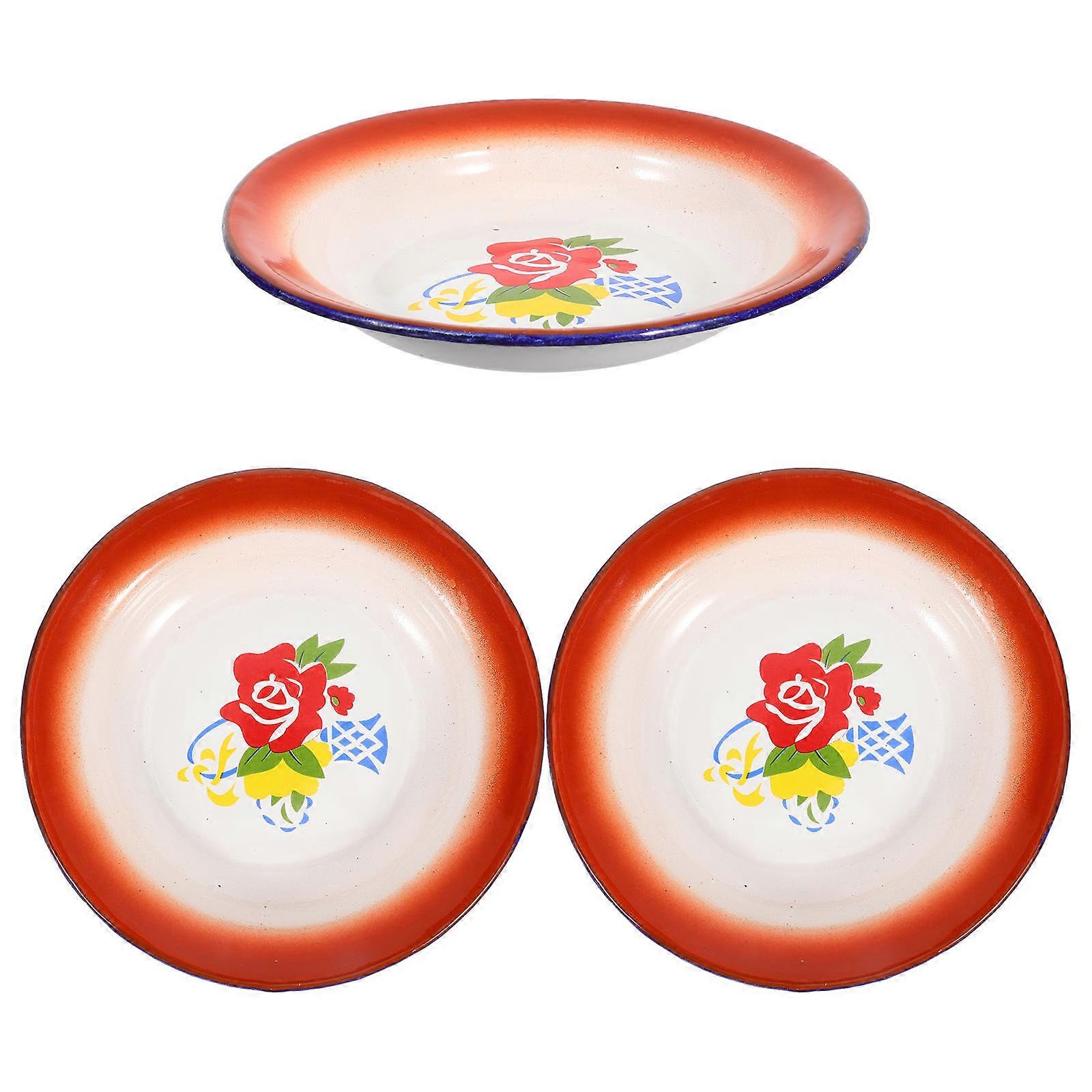 3pcs Vintage Enamel Plate Multifunctional Fruit Plate Food Container Tableware Random Pattern