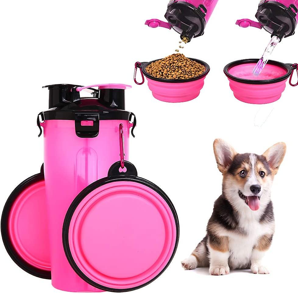 Dog Water Bottle 2 In 1 Portable Leak Proof Dog Water Bottle With 2 Collapsible Dog Bowls Pink