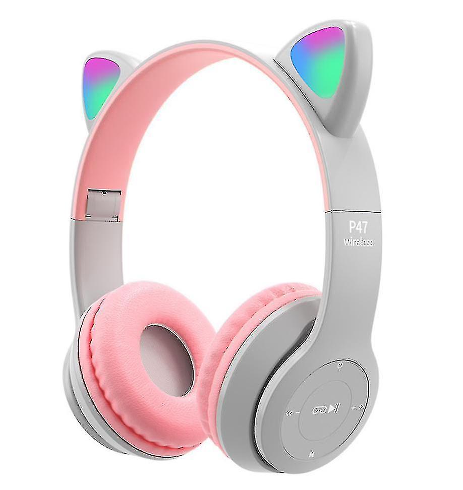 Cartoon Cat Ears Rgb Luminous Bluetooth Headset, Foldablegray