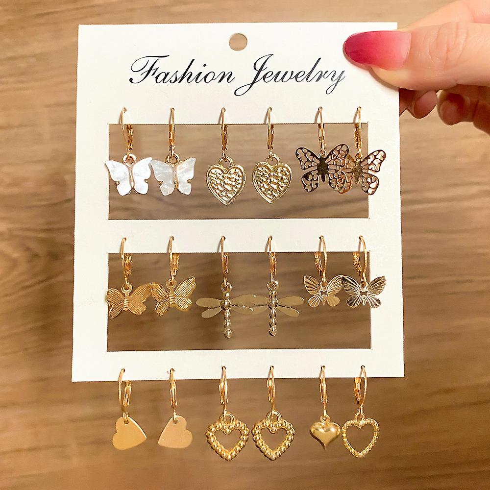 9-piece Heart & Butterfly Earrings Set - Perfect For Valentine S Day!