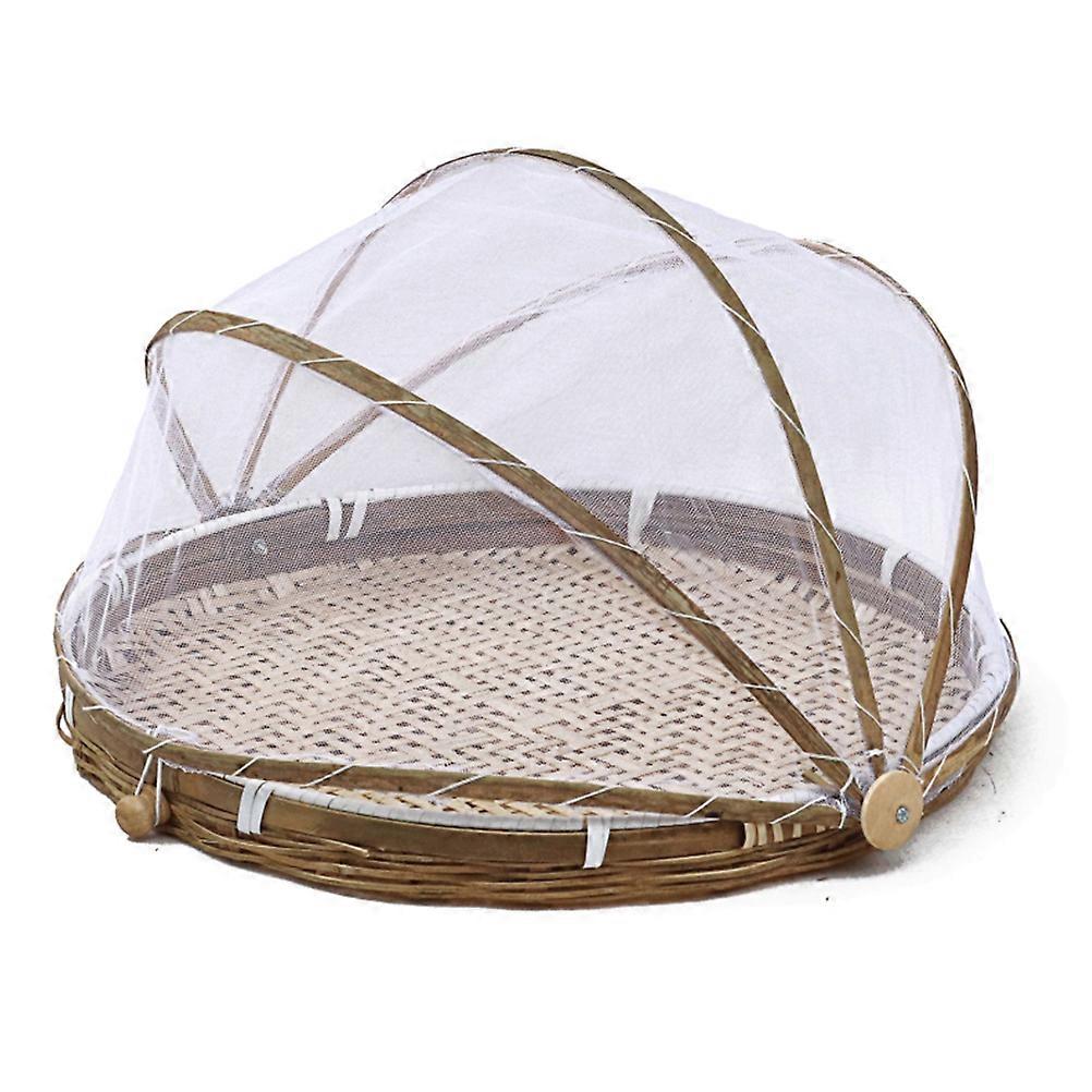 Round Handwoven Bamboo Food Basket with Mesh Lid for Serving and Storage