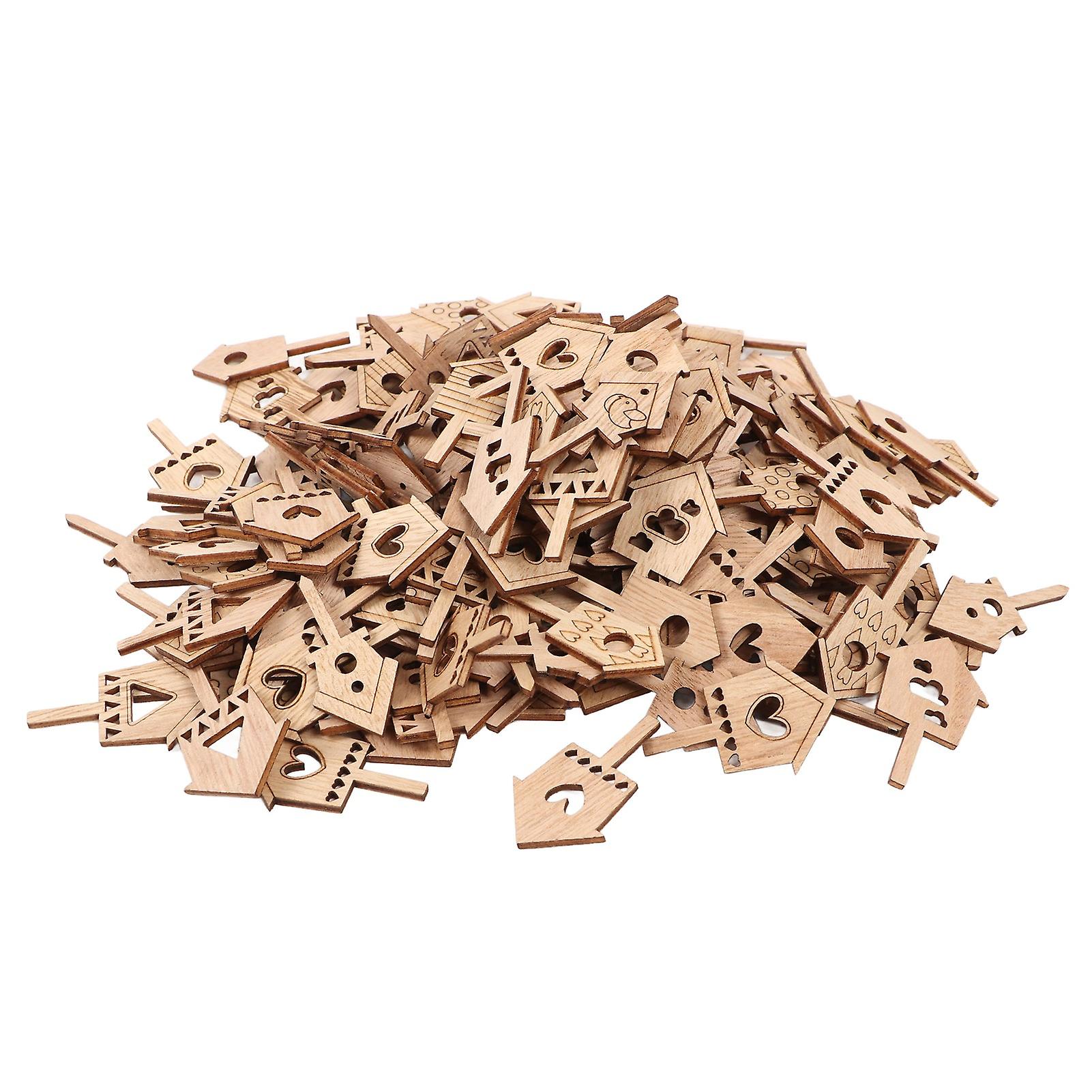 200pcs Wood House Cutout Slices - Bird Cage Shape Unfinished Wood for Artistic Craft Making