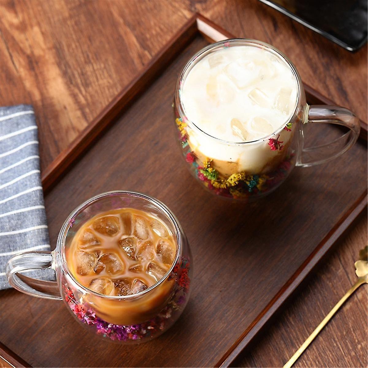 Taza De Café De Vidrio Con Flores Secas 300ml | Taza Doble Pared Regalo Para Mujer, Madre O Hermana