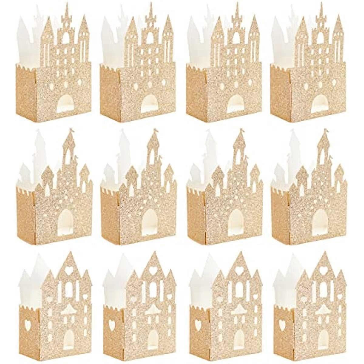 12Pcs 3 Sizes Gold Glittery Castle Centerpiece Castle Favor Boxes Candy Box for Wedding Birthday Party Table Decorations