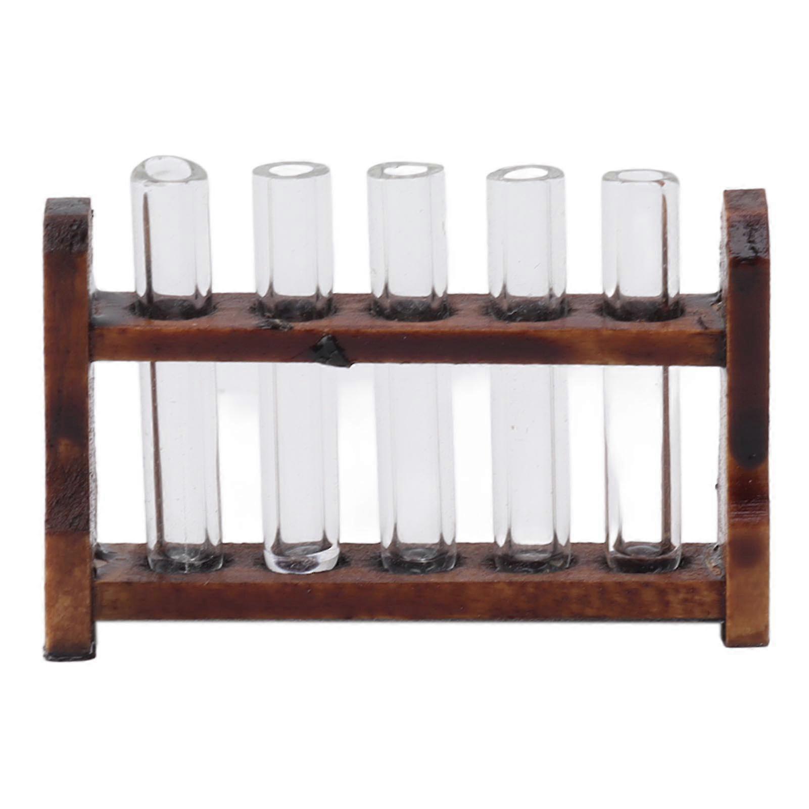 1:12ドールハウス試験管、ラック付き絶妙なシミュレーションミニチュア試験管ドールハウスリビングルーム寝室用クルミカラーラック透明試験管