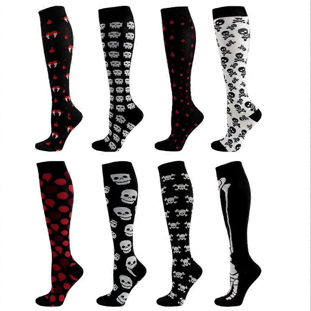  8 Pairs Women Men Halloween Compression Socks Skull Skeleton for Vampire Teeth Print Circulation Nursing Knee High Stock