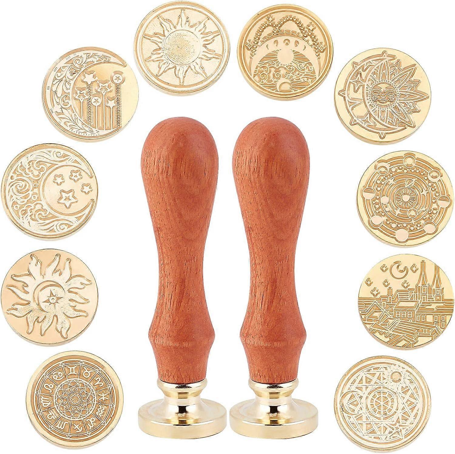 12PCS Wax Seal Stamp Set Moon and Sun Theme 10PCS Sealing Wax Stamp Heads with 2PCS Universal Wooden Handles for Weeding Invitation Envelope Card Birt