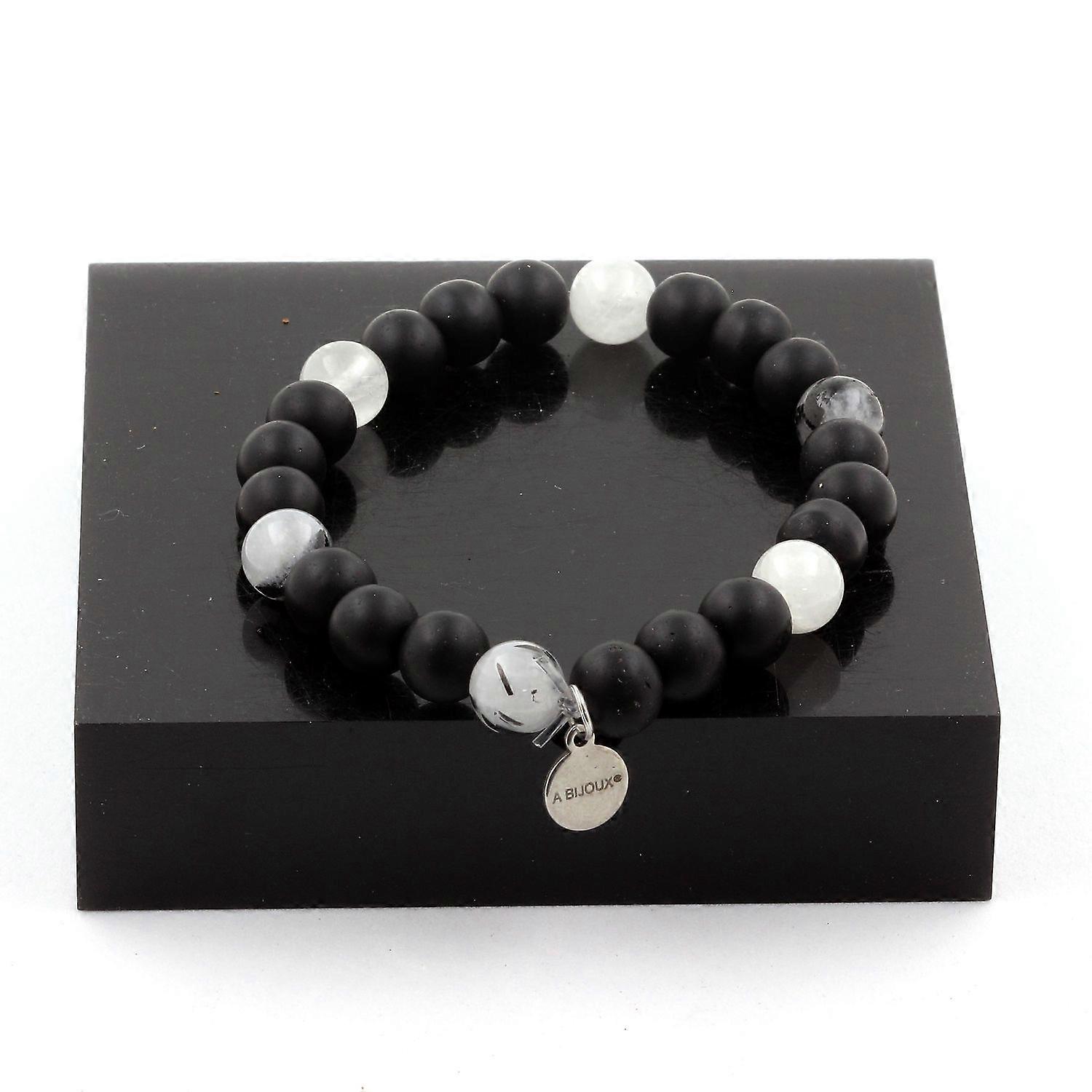 Matte Black Onyx Beads Bracelet + Black Rutile Quartz 8 mm