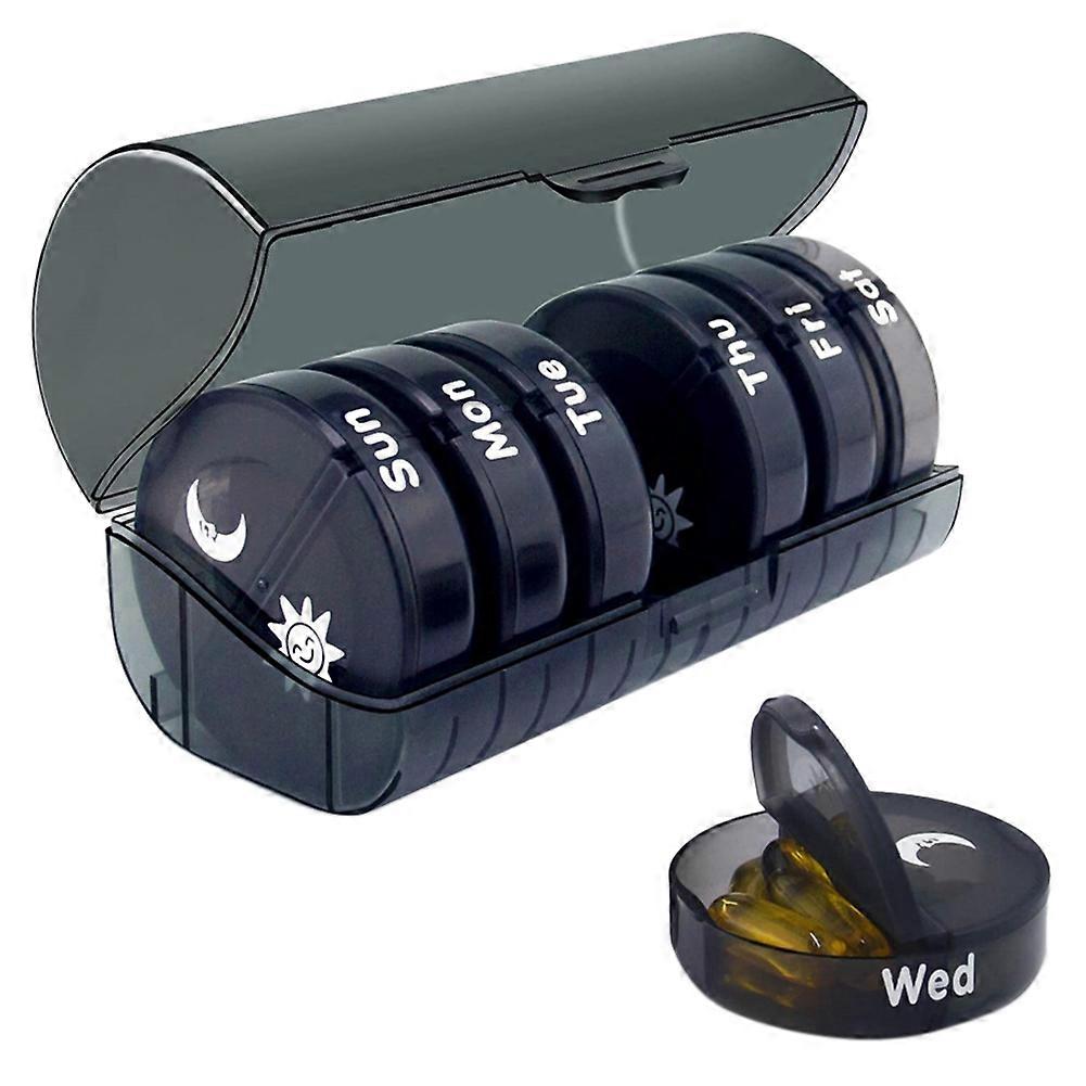 Daily (Twice-a-Day) - Weekly AM/PM Pill Box, Round Medicine Organizer, 7 Day Pill Container (Black