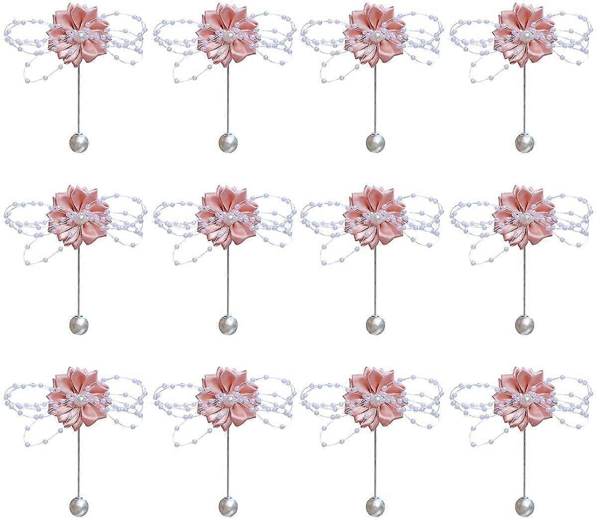 12件装珍珠串珠婚礼扣眼 - 新娘，新郎，伴娘玫瑰胸花胸针