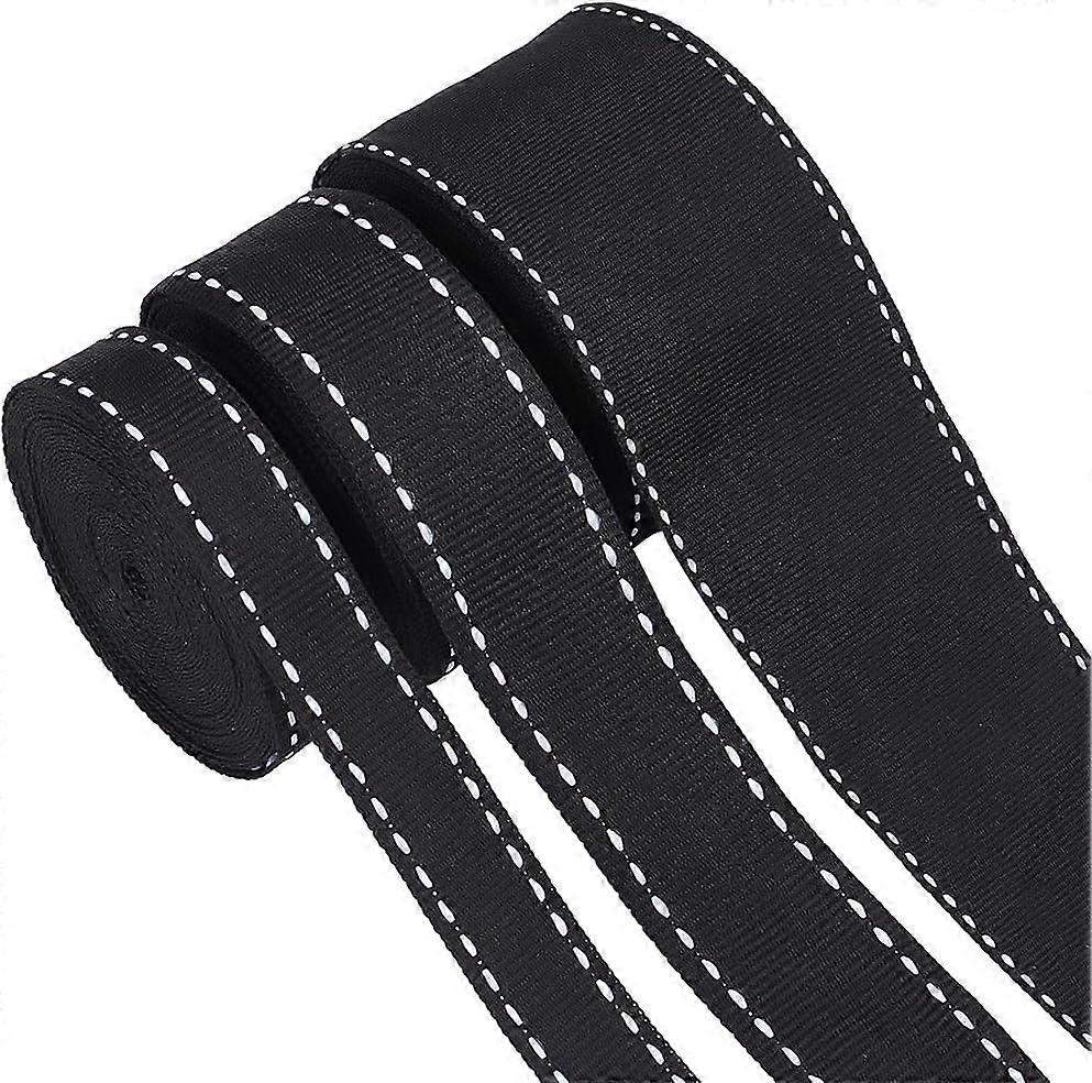 3 Sizes 0.6 to 1.5 Inch Black Stitch Edge Grosgrain Ribbon 15 Yards Saddle Cotton Ribbon with White Double Sided Edge Lines Stitched Webbing for Sewin