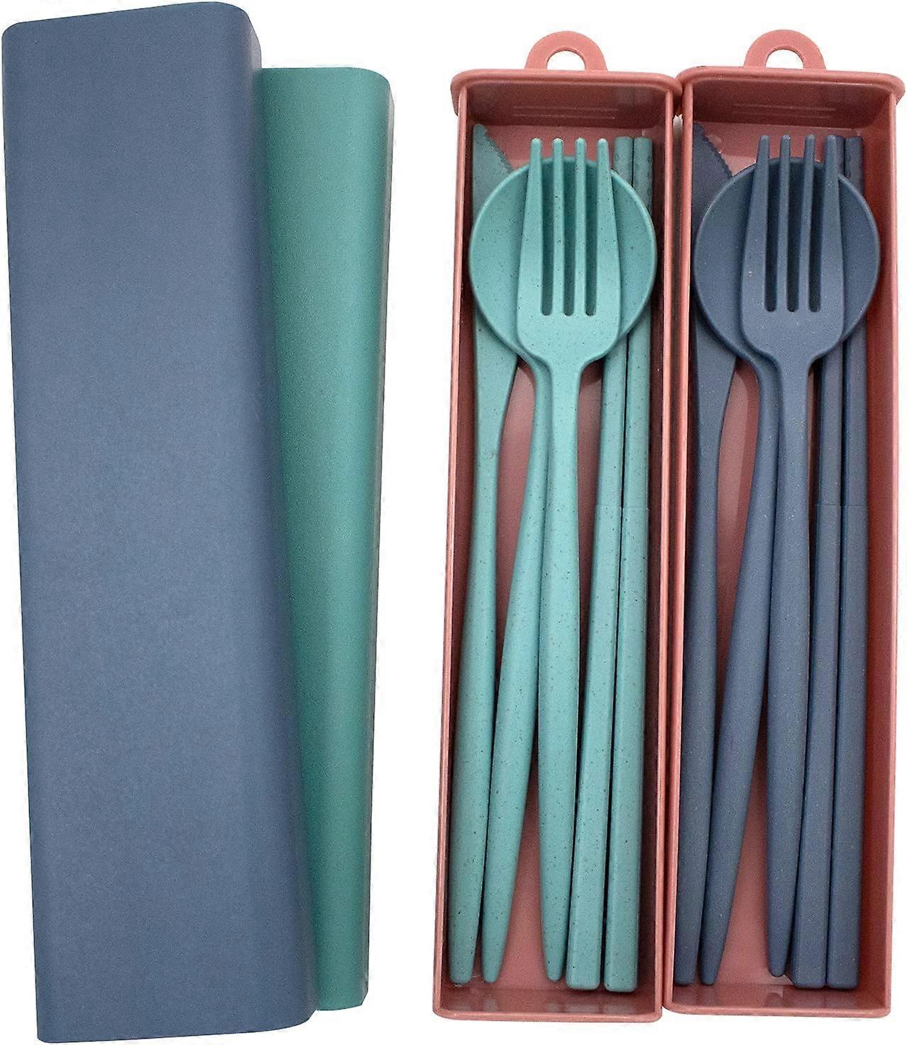 Portable Cutlery Set Wheat grass Dinnerware Set Utensils Set Includes Knife Fork Spoon Chopsticks Pull-Out Design Non-Toxic BPA Free Cutlery for Trave