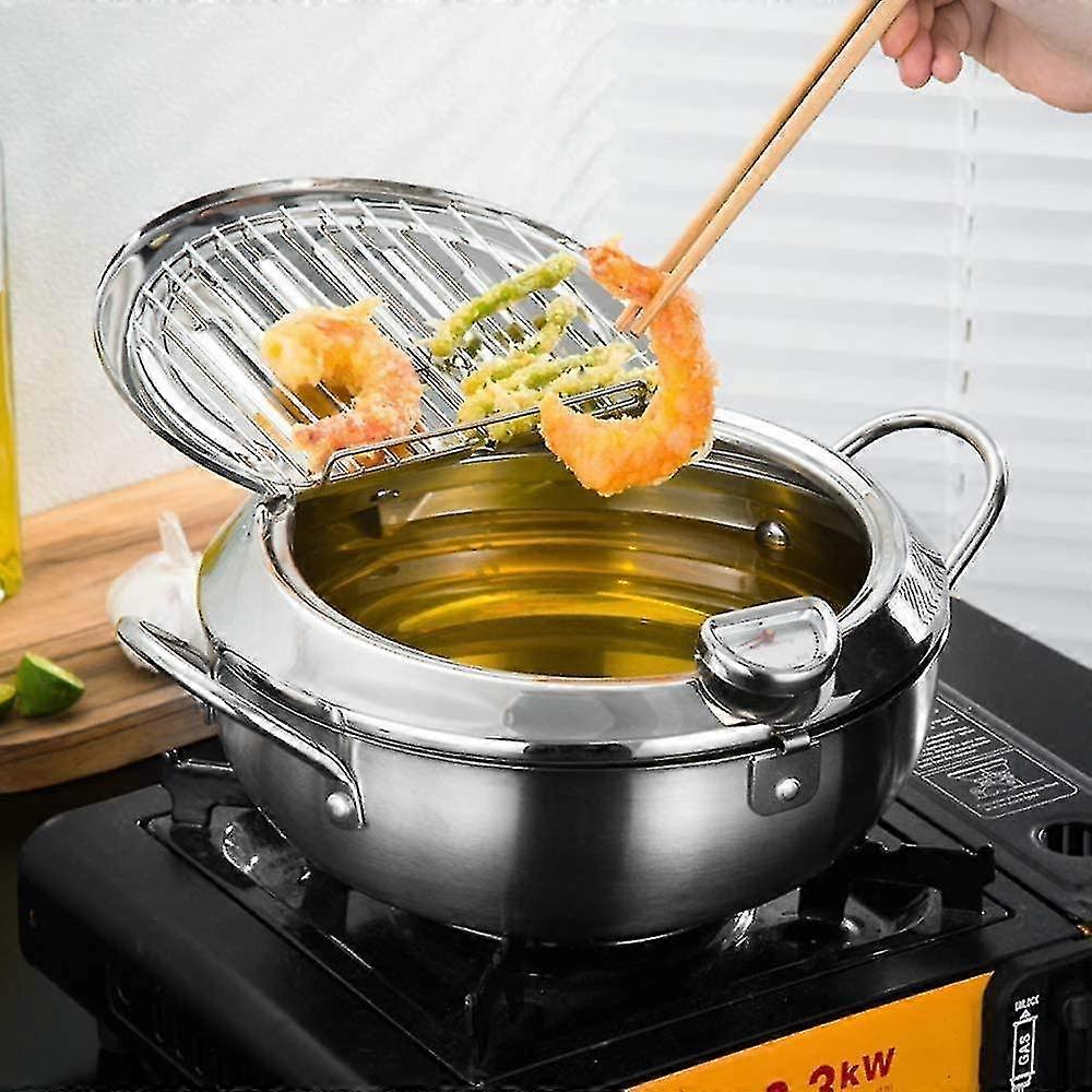 304 Japanese Tempura Stainless Steel Fryer, Household Temperature Control, Multi-function, Oil Saving, Thickened, With Cover And Filter