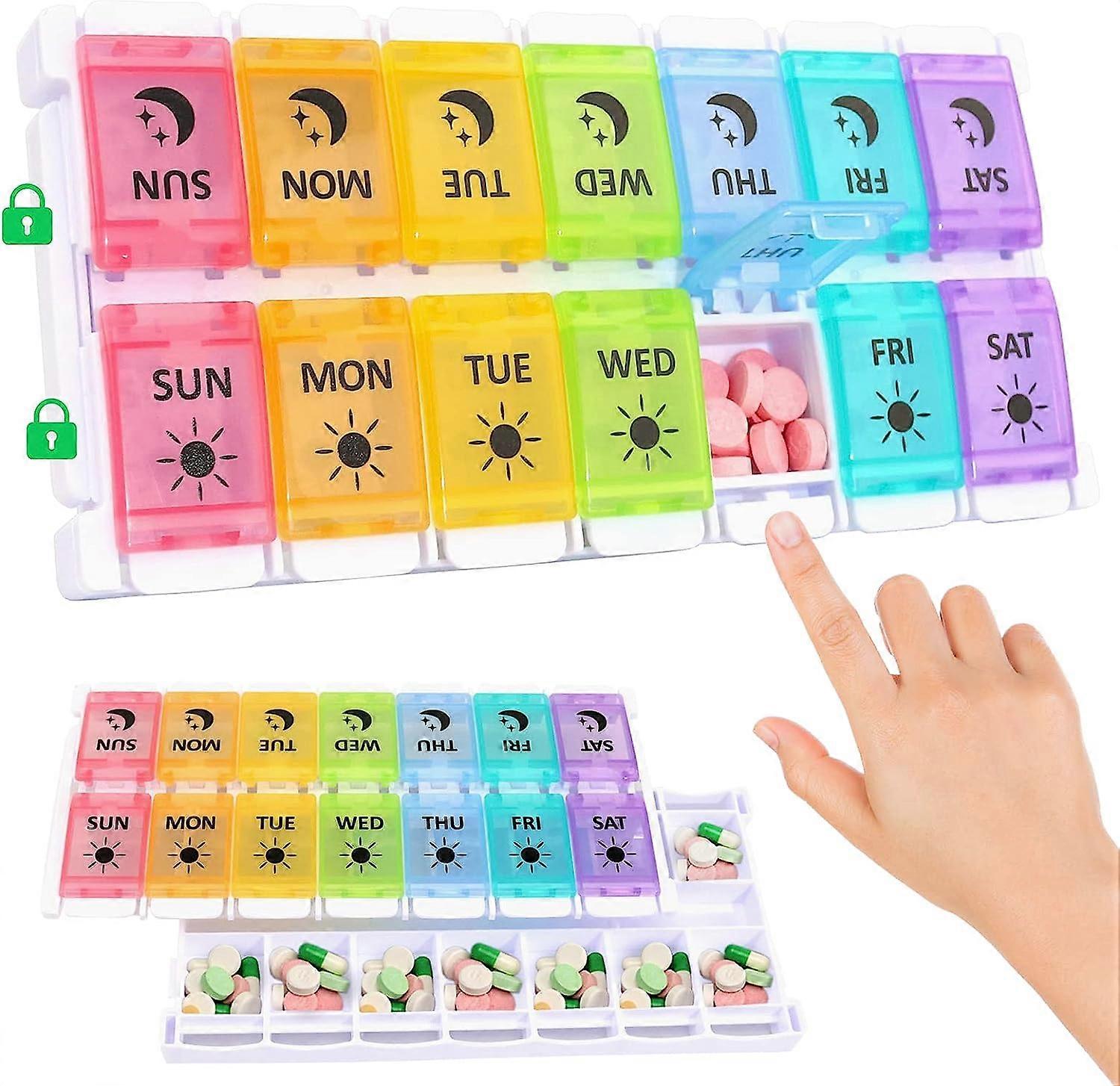 Pill Organizer 2 Times a Day, Day Night Pill Case, Pill Box 7 Day, Easy Fill & Push Button Design, Large Compartment Weekly Pill Box, Medicine Organiz