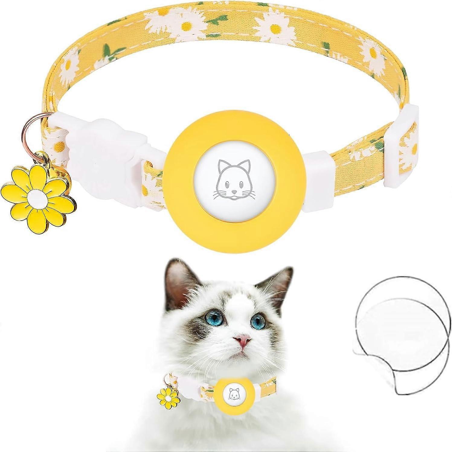 Airtag Cat Collar - Kitten Collar with Silicone Support - Lightweight - GPS Tracker - with Bells and Flower Charm  - Yellow