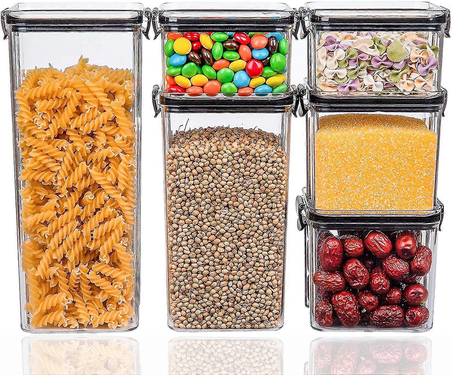 蓋付き6パック気密食品貯蔵容器、ナッツ、砂糖、小麦粉、ベーキング用品用プラスチックキッチンパントリー貯蔵容器(ブラック)