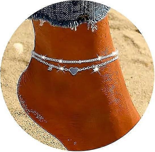 Sterling Silver Anklet Bracelets, 925 Sliver PlatedCharm Dainty Layer Anklets for Women Trendy