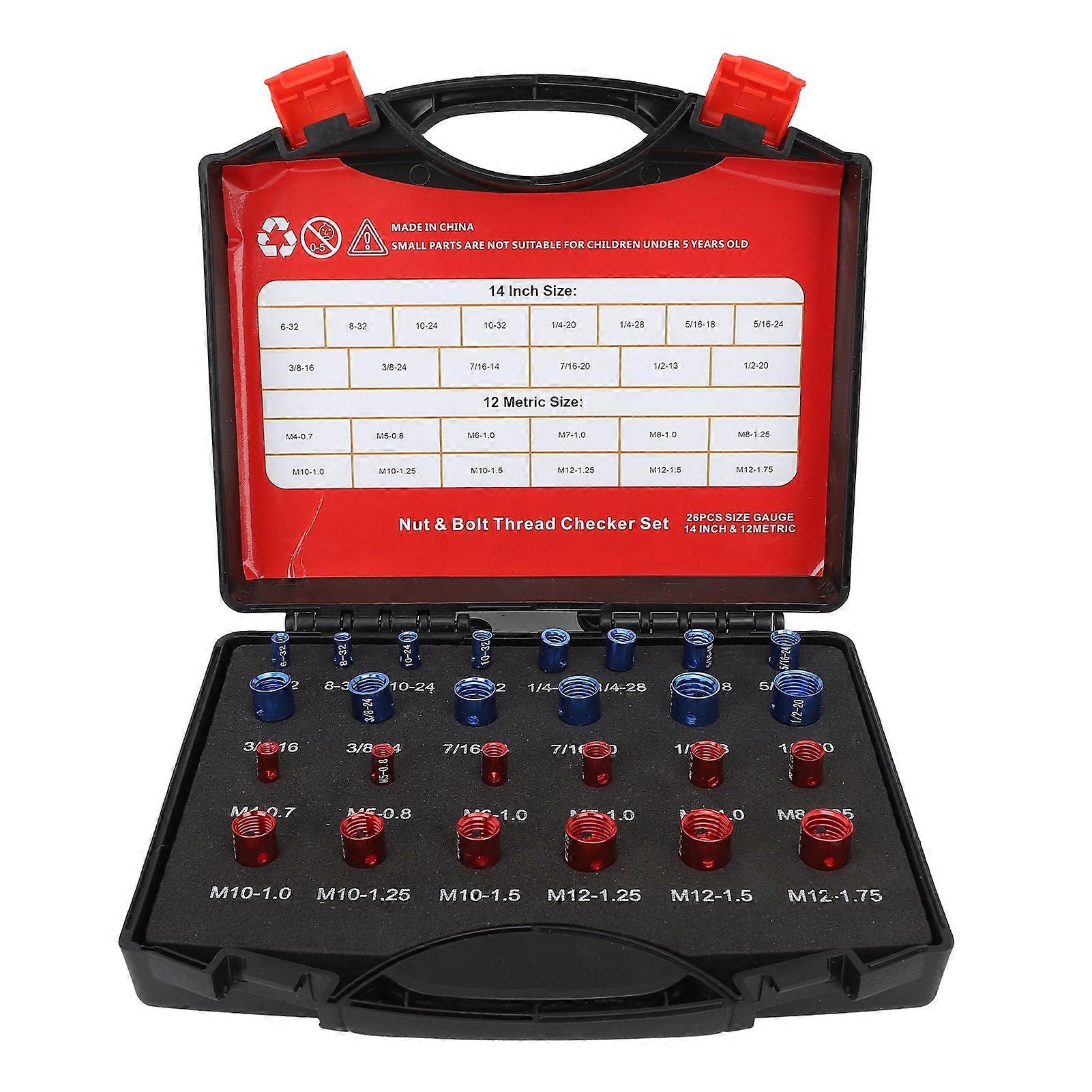 Nut Bolt Thread Checker Imperial Metric Aluminum High Accuracy Thread Checker Box for Checking Threaded Hole Fixed Bolt 26pcs