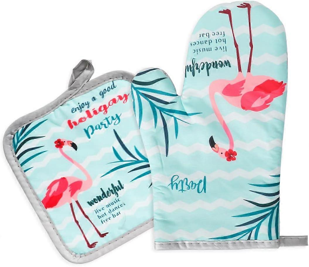 Flamingo Pattern Oven Mitts - Kitchen Potholders BBQ Kitchen (Cyan)