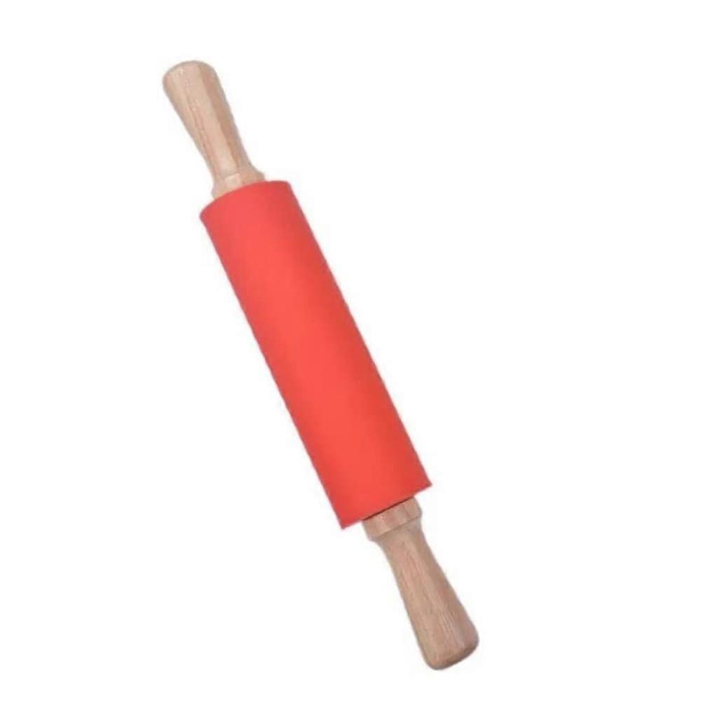 Σιλικόνη Rolling Pin Αντικολλητική Επιφάνεια Ξύλινη λαβή για το ψήσιμο, Χειροποίητα Noodles, Πίτσα, Ψωμί Κουζίνα (Κόκκινο)
