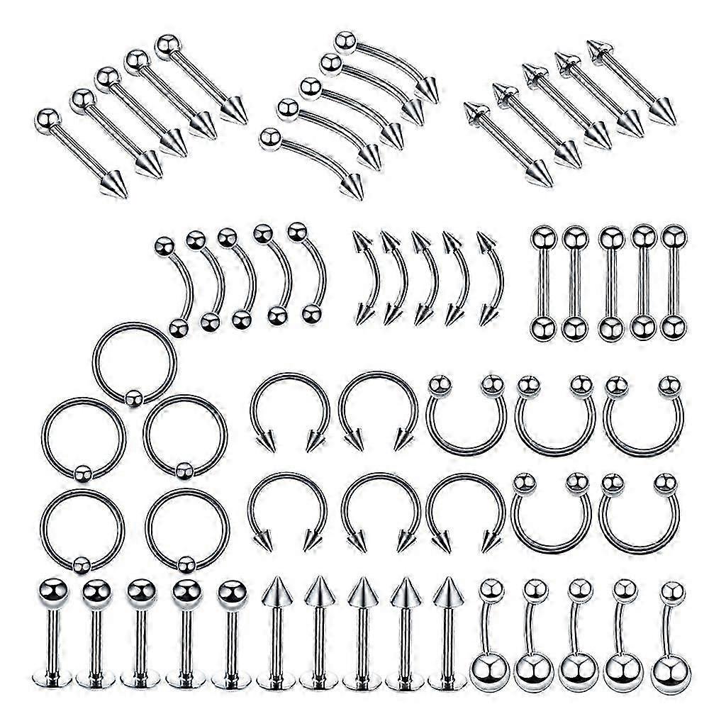 60-teiliges Set, 16/14G, Schmuck für Zunge, Tragus, Ohr, Augenbraue, Lippe, Nase –