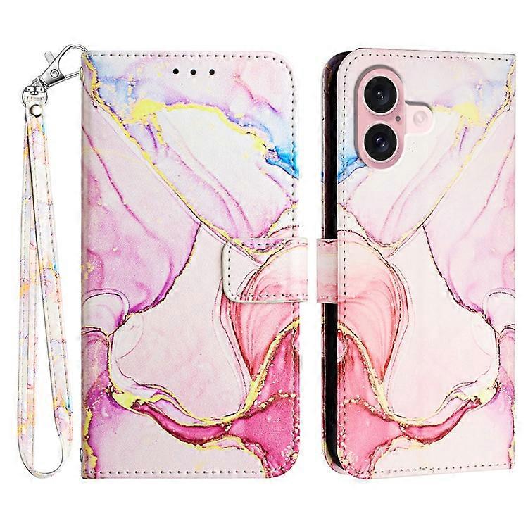 Compatible For iPhone 16 Plus Case with Strap Marble Pattern Leather Phone Cover Card Holder