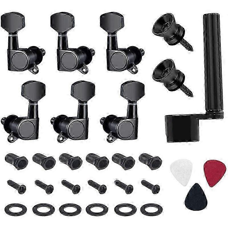 6 Pieces Guitar String Tuning Pegs Keys 3 Left 3 Right Guitar Machine Heads Knobs with Strap Button Locks Picks and Guitar String Winder (Black)