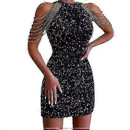 Womens Sequin Glitter Tassel Sleeve Mini