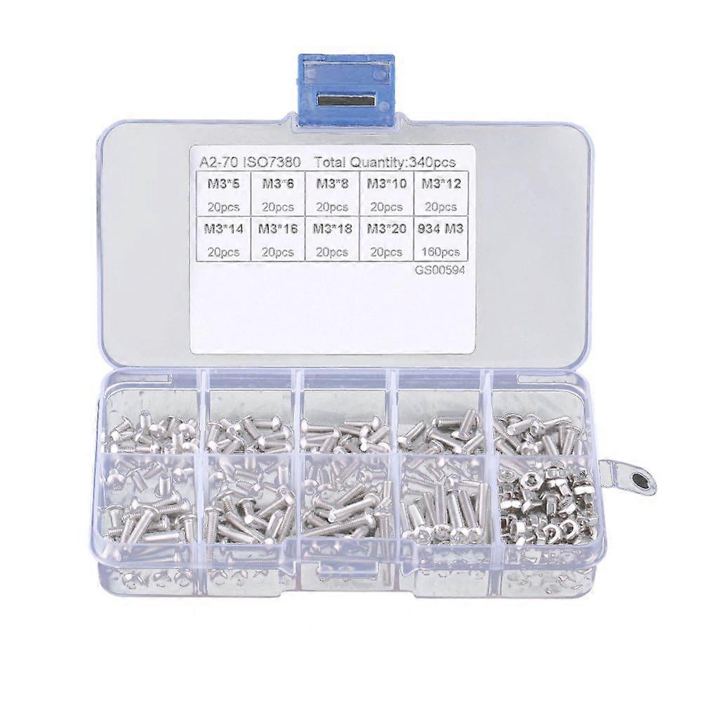 340pcs M3 Hex Socket Screw Nut Screws Nuts Assortment Kit Fastener