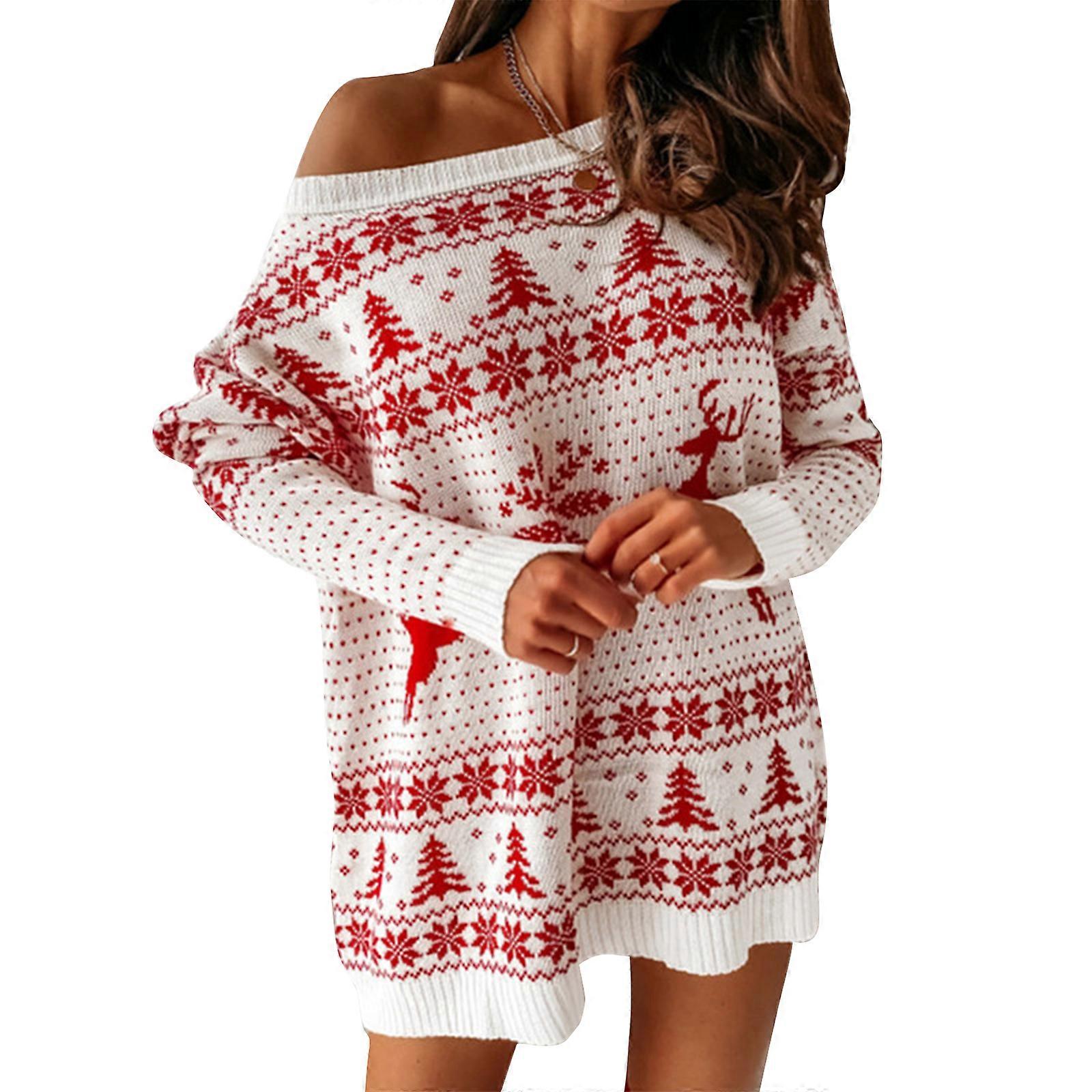 Womens Christmas Sweater Dress Holiday Party Snowflake Jacquard Oversized  Long Sleeve Crewneck Pullover Knit Tunic Top White XL | Fruugo UK