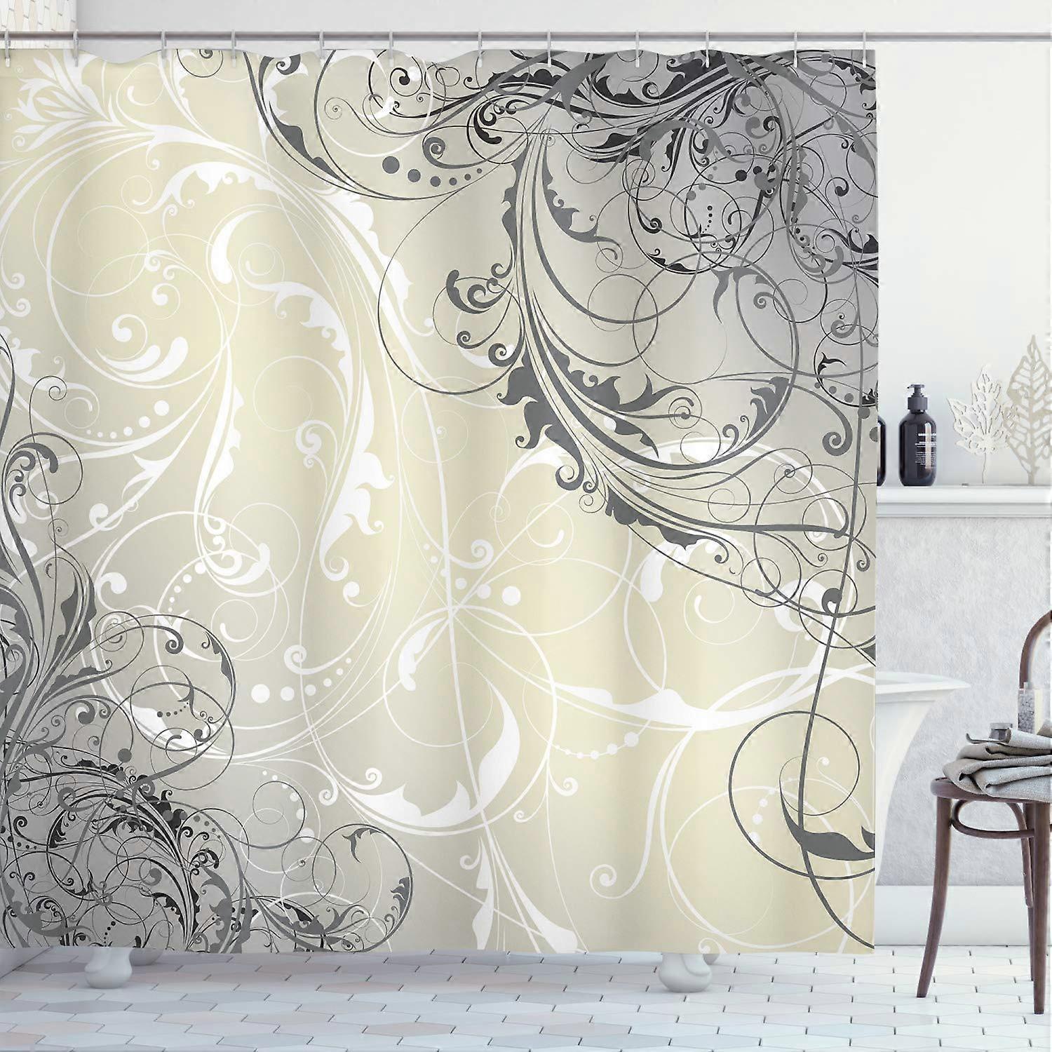 Flowering shower curtain, baroque vortex branches curved flower leaves old form nature pattern