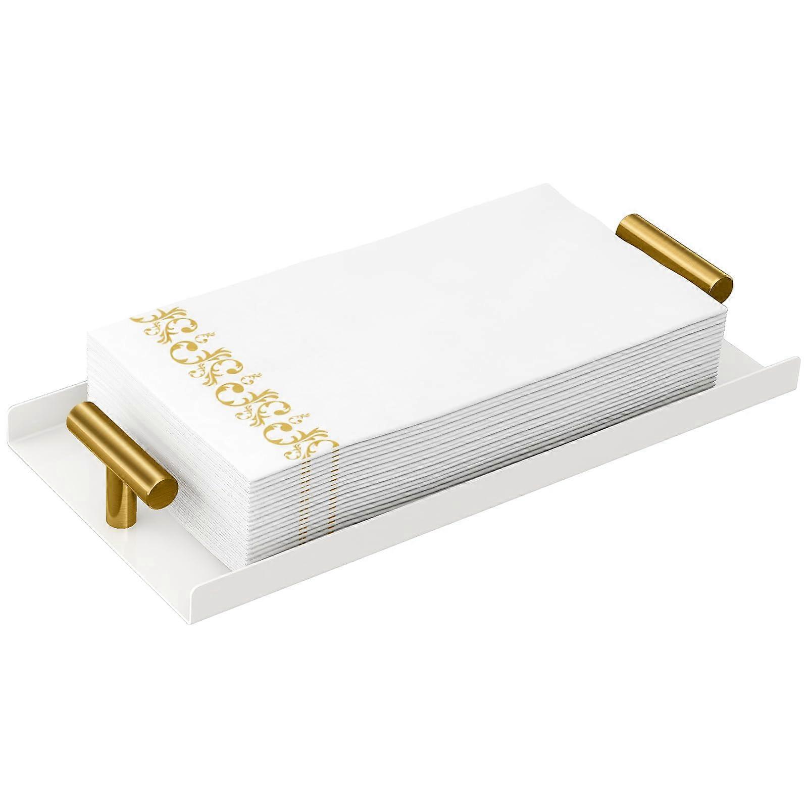 Napkin Holder for Bathroom, White Towel Tray with Gold T-Handle, Modern Design, Guest Towel Organizer for Home