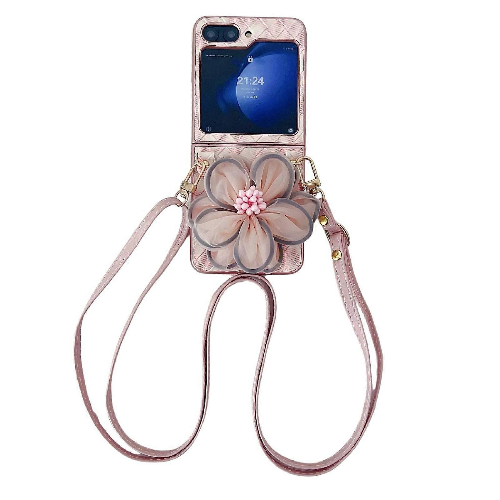 Colorful Woven Pattern 3D Yarn Flower Phone Case with Lanyard