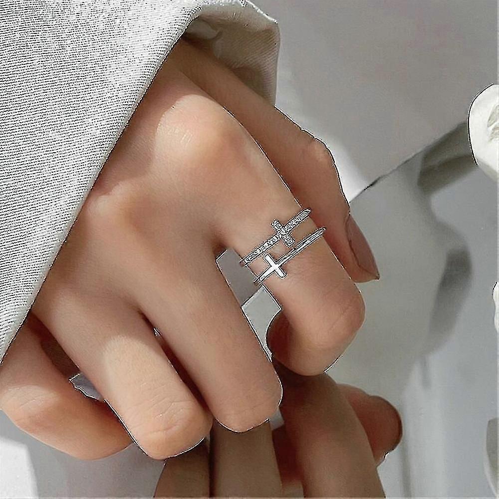 Horizontal Double Line Cross Open Ring Thin Band Hollow Sparkly Finger Ring Gift