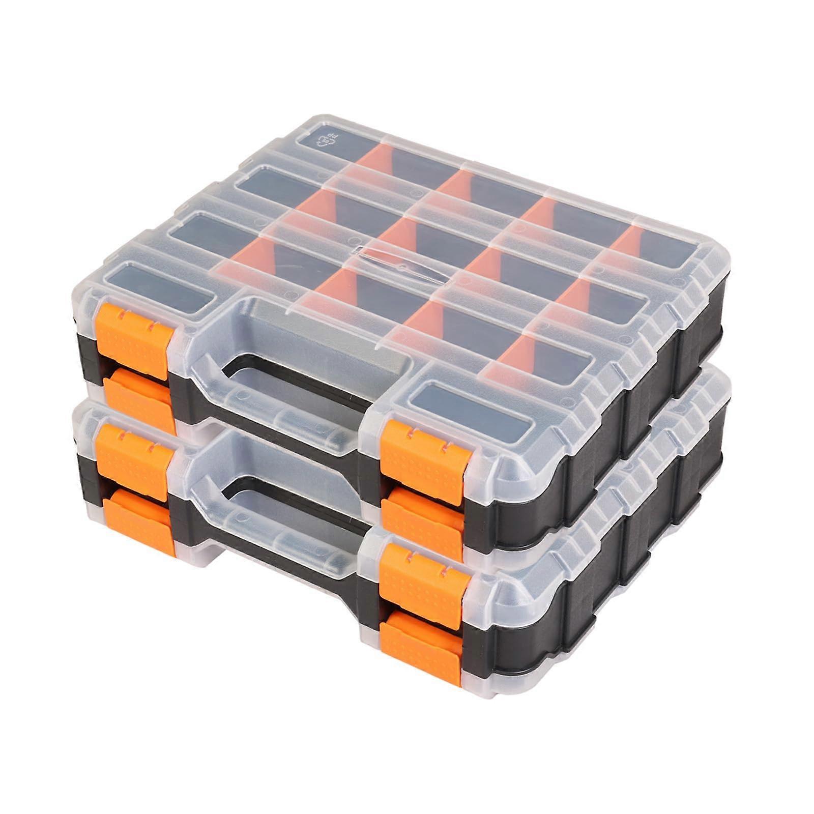 Tool Box with Transparent Lid, Double Side Organizer 34-Compartments for Hardware, Orange, 2 Pack