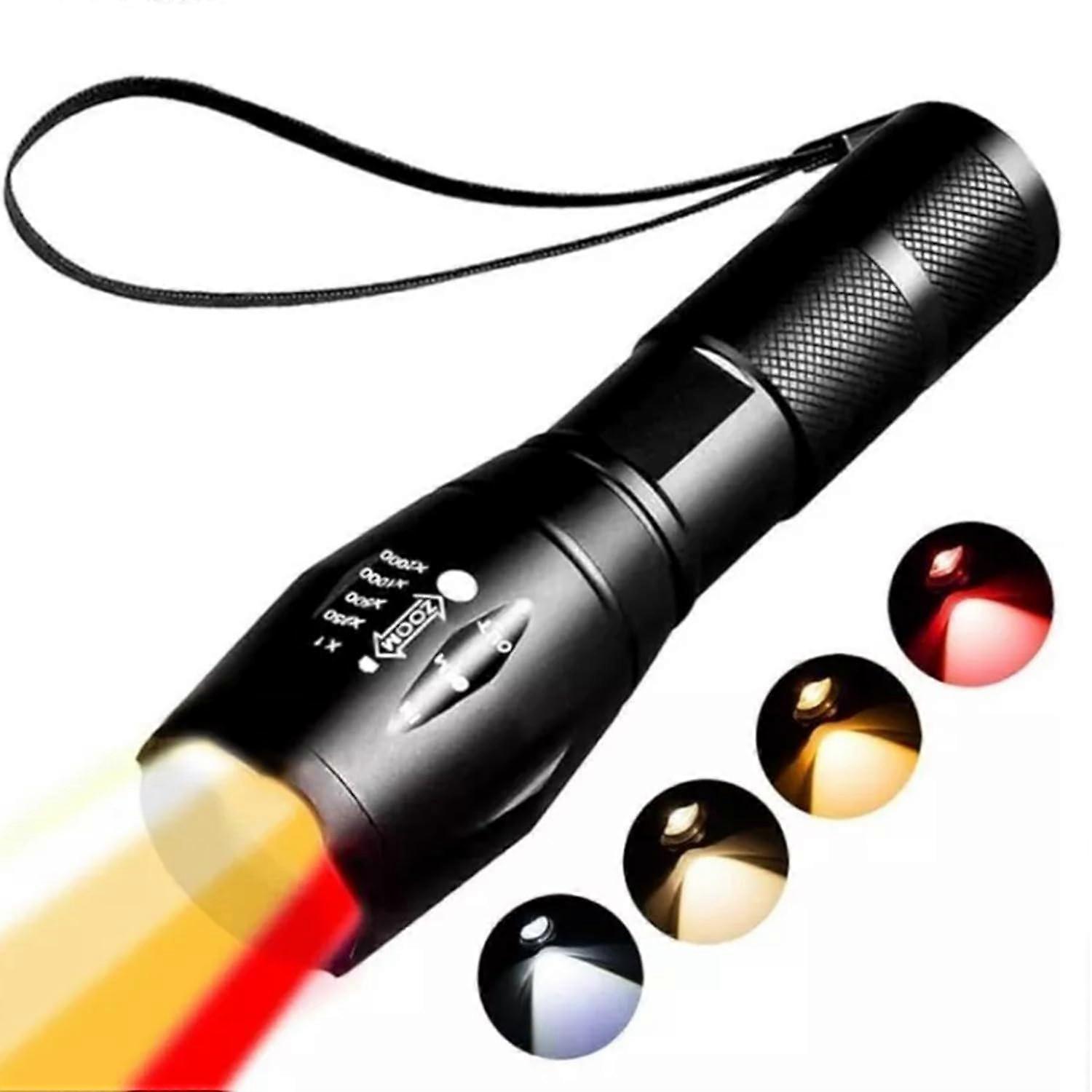 4 in 1 LED Torch Rechargeable Red, Yellow, Orange, White Light Torch Zoomable for Fishing, Camping