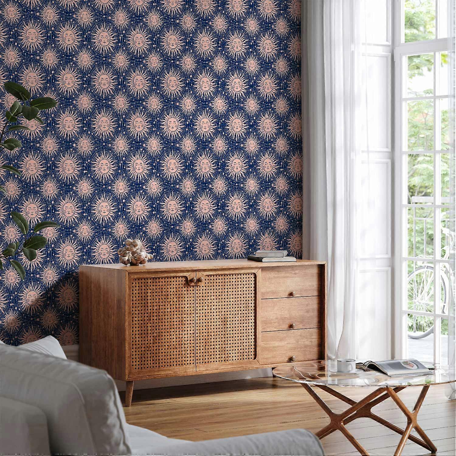 Wallpaper - Sunny Pattern - Repeating Sun Motif on Navy Blue Background