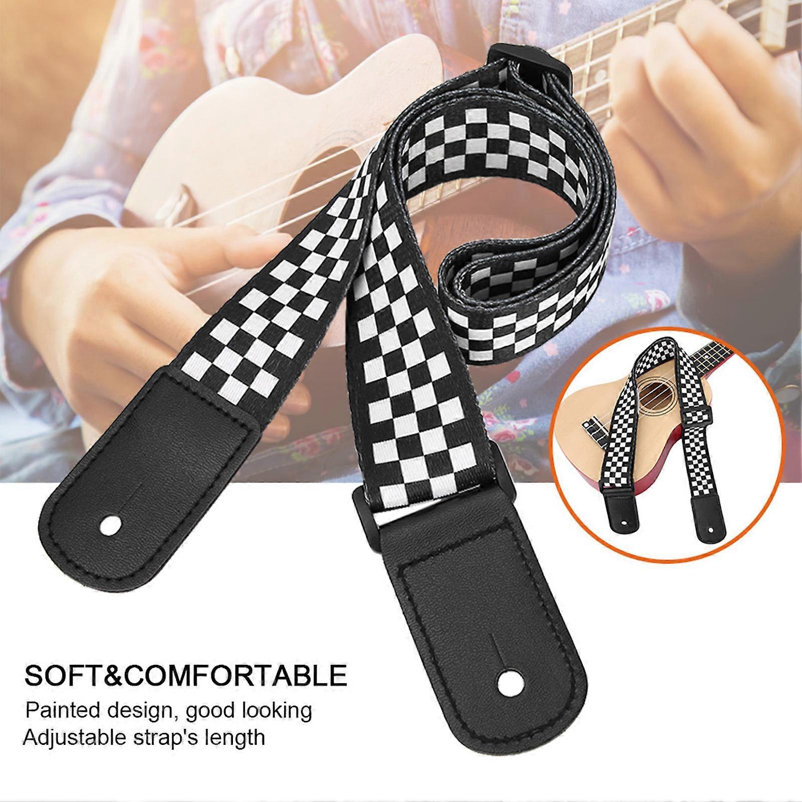 Adjustable Black & White Squares Ukulele Strap 105cm for 4-String Guitar