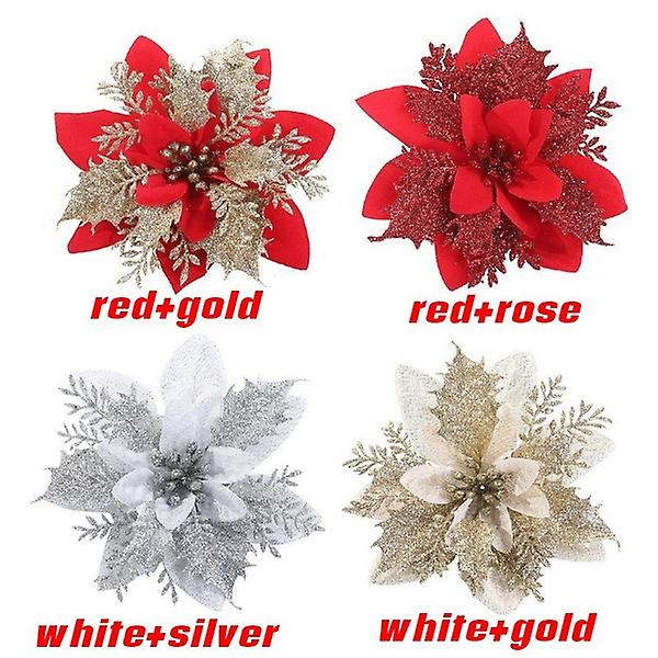 Pack Of 10 Artificial Flower Glitter Christmas Tree Decorations New Year's Ornaments